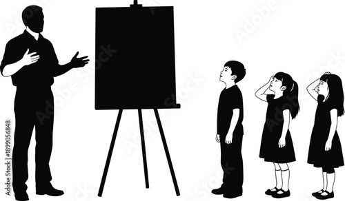 Teacher explaining lesson silhouettes vector illustration, children students listening to presentation on board, classroom education learning concept isolated on white background