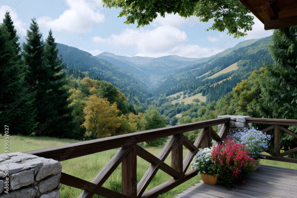 Obraz premium Balcony view overlooking scenic mountain valley and dense forest