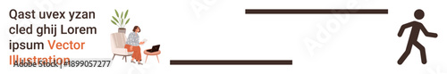 Remote work, workplace diversity, communication, business, productivity, team dynamics. A seated professional working on a laptop, walking figure on the side. Remote work and workplace diversity