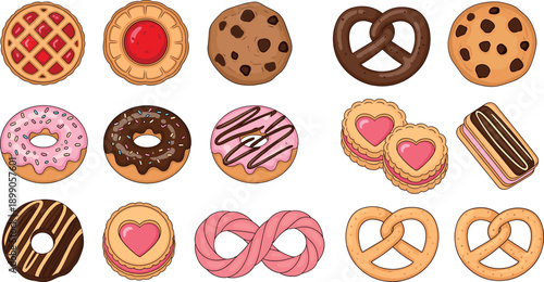 Large vector set of sweet bakery items including cookies donuts pretzels and heart shaped biscuits for cafe menu design.