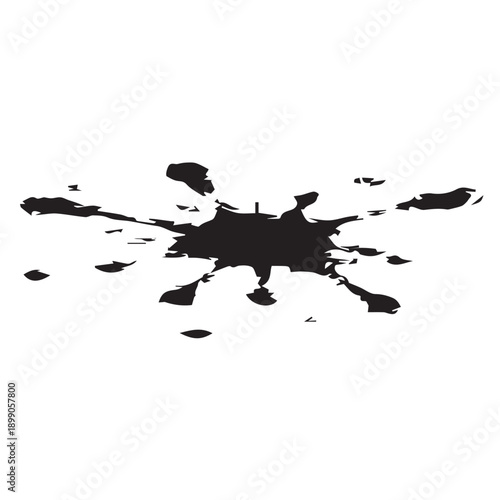 Abstract black ink splatter or paint blot isolated on white background.
