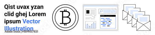 Cryptocurrency, blockchain, fintech, email marketing, data management, analytics. Bitcoin symbol, financial charts email envelopes. Cryptocurrency and blockchain concept