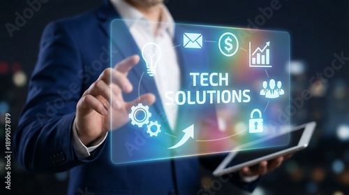Innovative businessman presenting tech solutions on a tablet, symbolizing modern business growth and success. Ideal for technology, innovation, and professional development in a corporate setting.