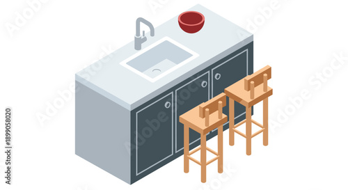 Kitchen Island with Stools and Sink.