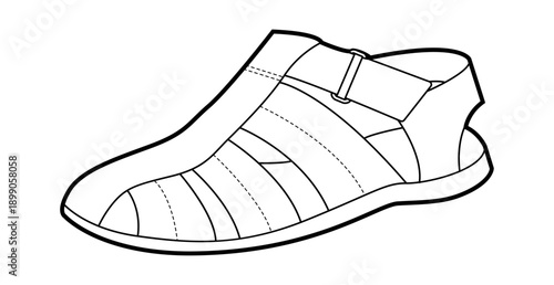 Gladiator sandal shoe women single line. Multi strap flat sandal for vacation sightseeing relaxed style. Technical fashion illustration CAD mockup clean vector man unisex isolated modern style.