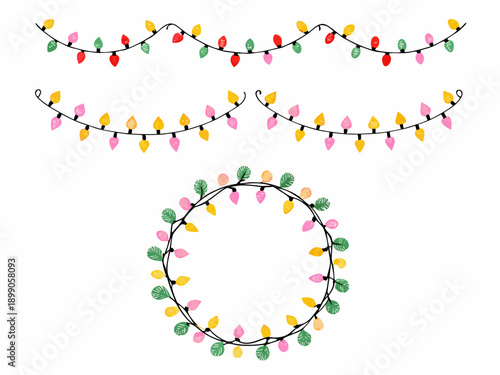 Colorful christmas lights arranged in strands and a wreath illustration