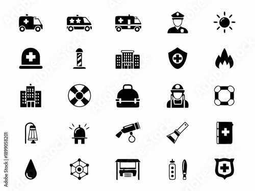 Black silhouette icons depicting emergency services rescue and medical themes