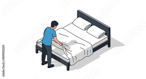 Man Making Bed with White Sheets.