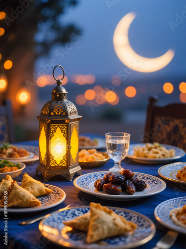 Collection of Ramadan Iftar Dinner Layouts with Arabic Coffee Lanterns and Mediterranean Food for Eid Mubarak