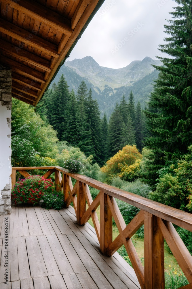 Obraz premium Mountain chalet terrace overlooking an alpine pine forest