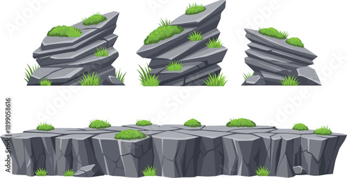 Layered rock cliff and stone platform vector set with grass for game environment and landscape design