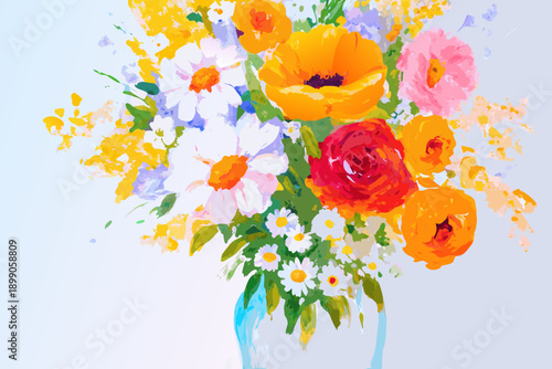 A vibrant painted bouquet of flowers arranged in a glass vase