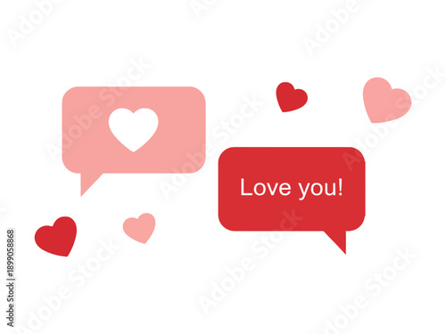 Cute pink and red speech bubbles saying "Love you!" with floating hearts, romantic chat message concept.