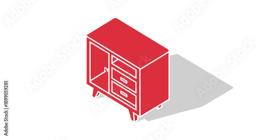 Red Nightstand with Drawers and Open Shelf.