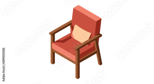 Red Armchair with Wooden Frame and Cushion.