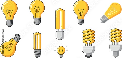 Light Bulb Vector Set with Incandescent and Energy Saving Lamp Illustrations for Idea Concepts