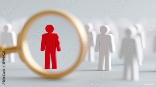 Unique Red Figure Among White Figures Through Magnifying Glass Concept of Individuality and Focus