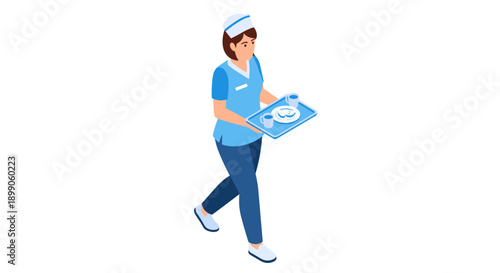 Waitress Carrying Food on Tray Walking.