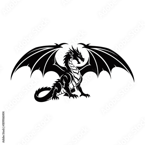 Black silhouette of a majestic dragon with large, spread wings, sitting in a powerful pose, mythical creature graphic design.