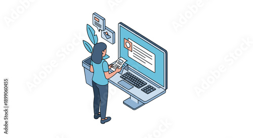 Woman Standing Next to Large Laptop Computer.