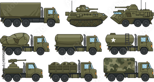 Military Army Vehicle Set with Tanks, Trucks, Missile Carriers and Camouflage Transport Vector Illustration