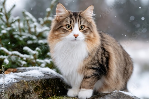 Norwegian Forest cat sitting on rock during snowing winter