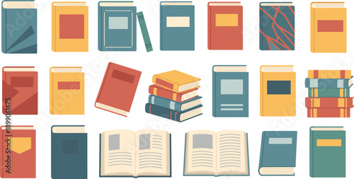 Large Book and Notebook Set with Open, Closed and Stacked Covers Flat Vector Illustration