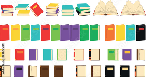 Large collection of colorful book vector illustrations including open, closed and stacked books for education and library concepts