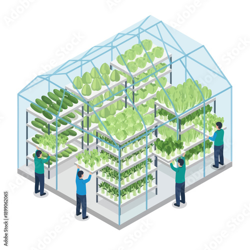 People Working in Modern Greenhouse Facility.