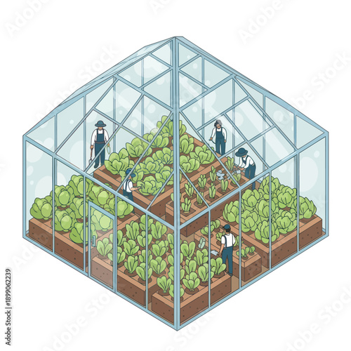 Greenhouse with People Working on Plants.