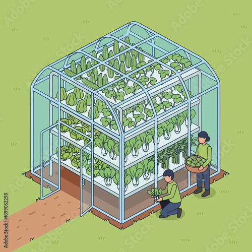 Greenhouse with People Tending to Plants.
