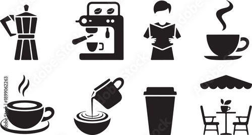 Coffee icons: moka pot, espresso machine, person reading, hot cup, pouring, takeaway cup, cafe seating Isolated on white background