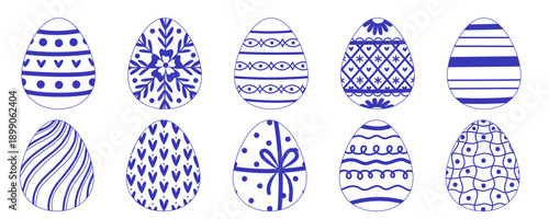 Hand drawn line art Easter Eggs collection. Vector elements decorated eggs with floral, folk and geometric ornament. Set of Easter eggs simple ink icons.