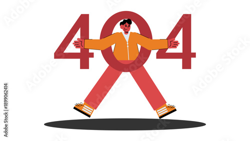 A young man standing inside a large 404 number representing a website error or broken link