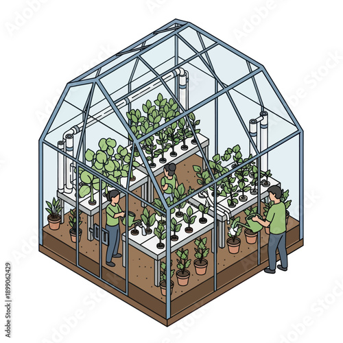 Greenhouse with People Tending to Plants.