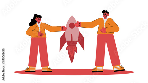 A male and female professional working together to launch a rocket ship startup concept