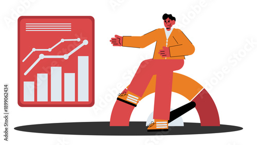 A man sitting on a large gauge indicator while presenting a business growth dashboard