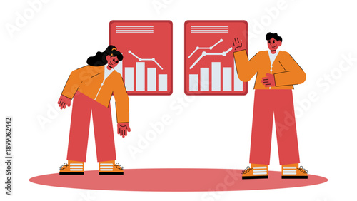 Two business professionals analyzing two different charts showing market volatility and trends