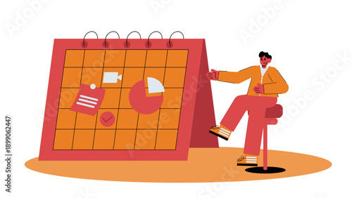 A professional sitting next to a large calendar with a pie chart and notes for scheduling