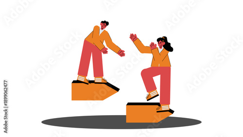 A man reaching out to help a woman step up onto a higher block representing career growth