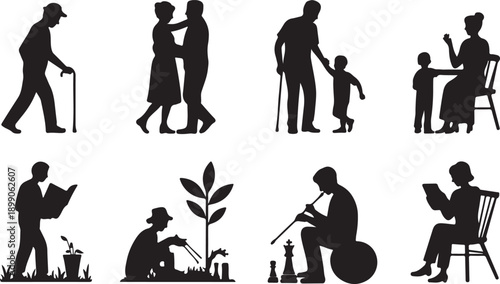 Diverse Elderly People Silhouettes Engaged in Leisure Activities, Isolated on white background