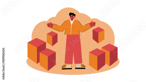 A businessman surrounded by floating 3D boxes exploring virtual reality or warehouse management concepts