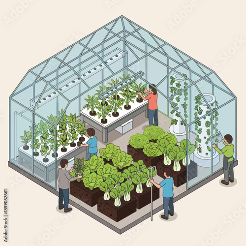 Indoor Vertical Farm Greenhouse with People.