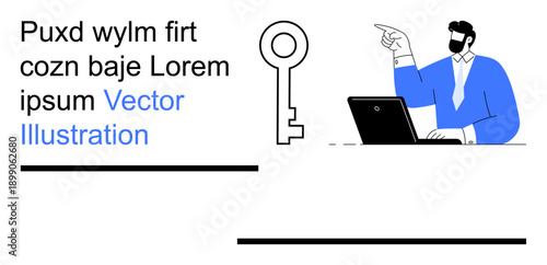 Business strategy, communication, corporate training, key insights, work presentations, tech illustration. A man pointing near a laptop and a key symbol. Business strategy and communication concept