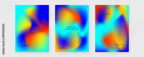 Collection of three abstract posters featuring intense blue orange and yellow fluid mesh gradients with minimalist typography
