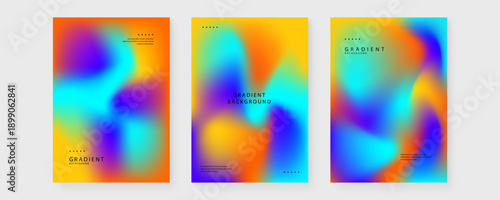 Set of three vertical posters featuring warm orange yellow and purple fluid gradients for modern brand identity