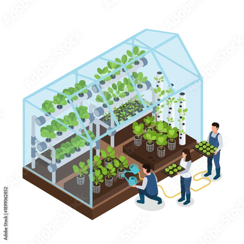 Greenhouse with People Tending to Plants.