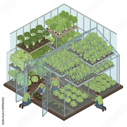 Greenhouse with various plants and gardeners.