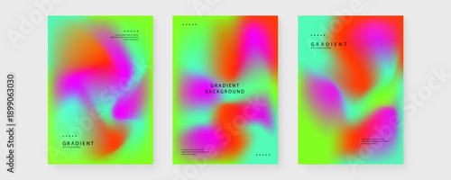 Three abstract posters featuring bold acid green pink and orange neon mesh gradients with a retro-futuristic feel