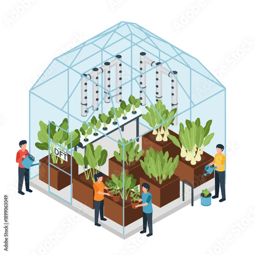 People Working in Modern Greenhouse Farm.